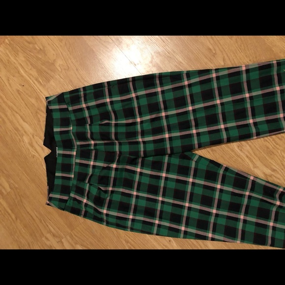 green and white plaid pants